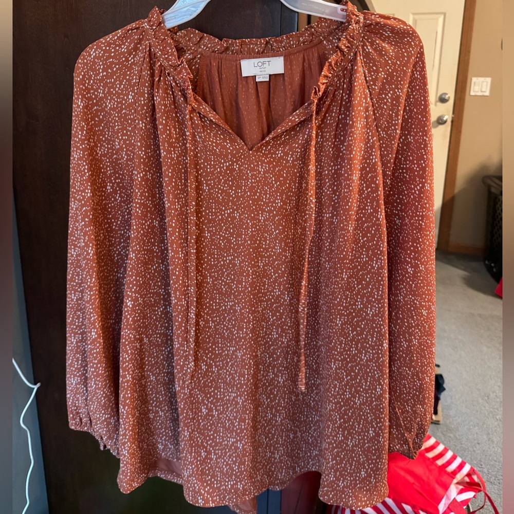 LOFT Women's Orange Pattern Blouse With Tie